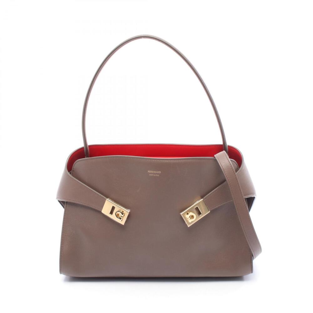 Salvatore Ferragamo HUG Soft Bicolor Shoulder Bag Leather Brown